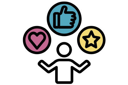 Kontur osoby z uniesionymi rękoma i ikonami serca, gwiazdy i kciuka w górę – symbol profesjonalnej obsługi