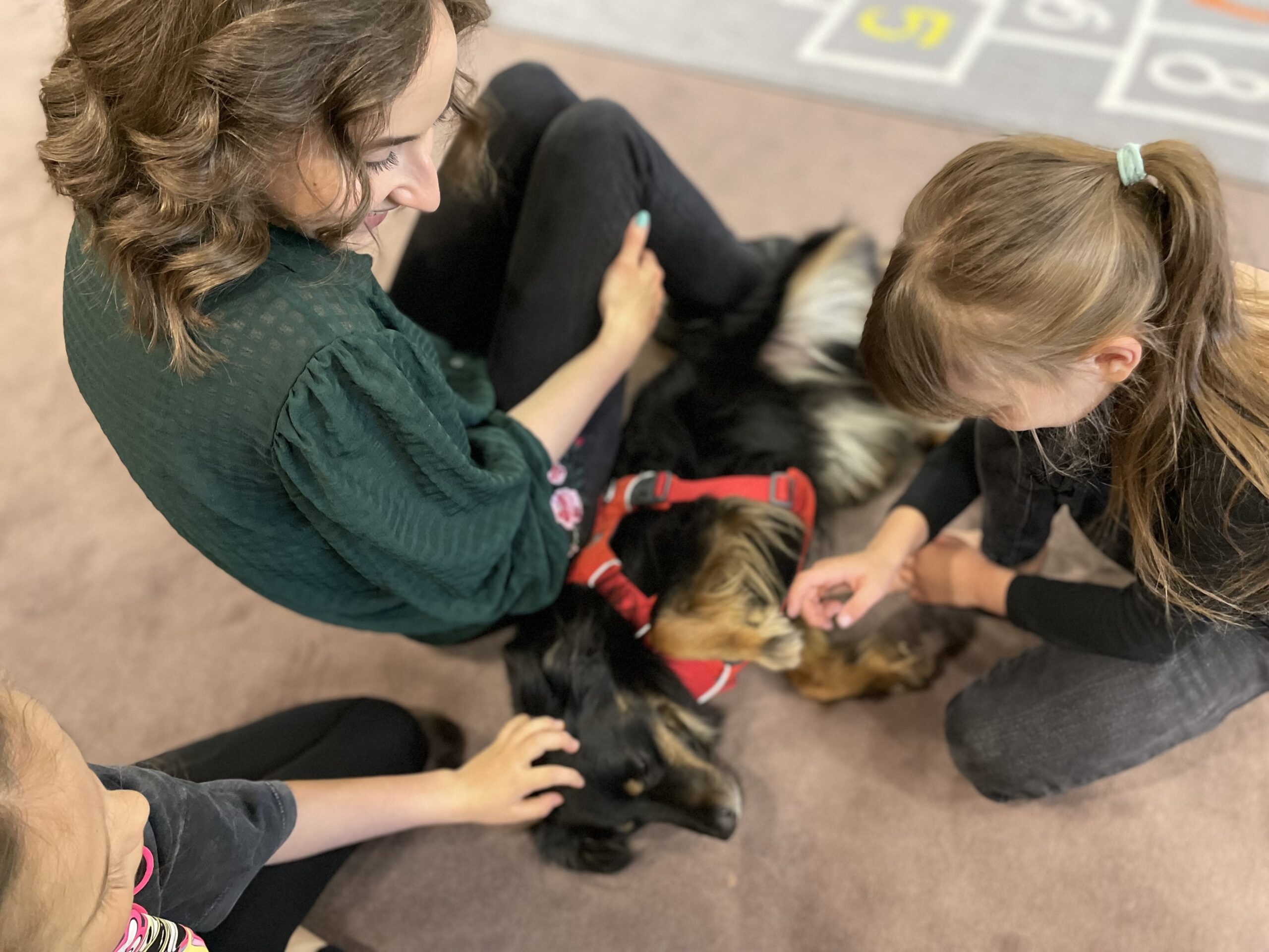 Dogoterapia w Warszawie z psem Leonem i terapeutką Moniką – dzieci głaszczą psa podczas zajęć